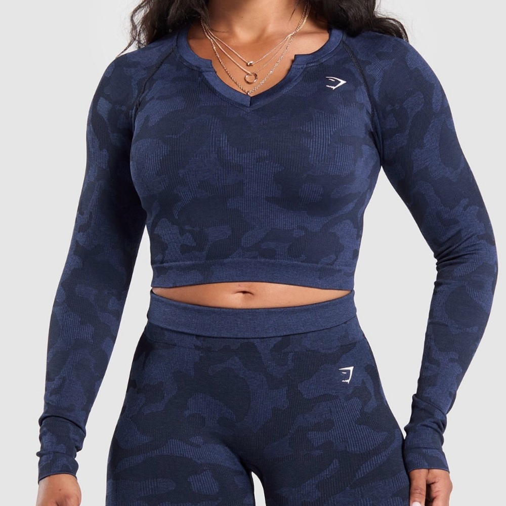 Gymshark Blue Camo Long Sleeve Crop Top NWT